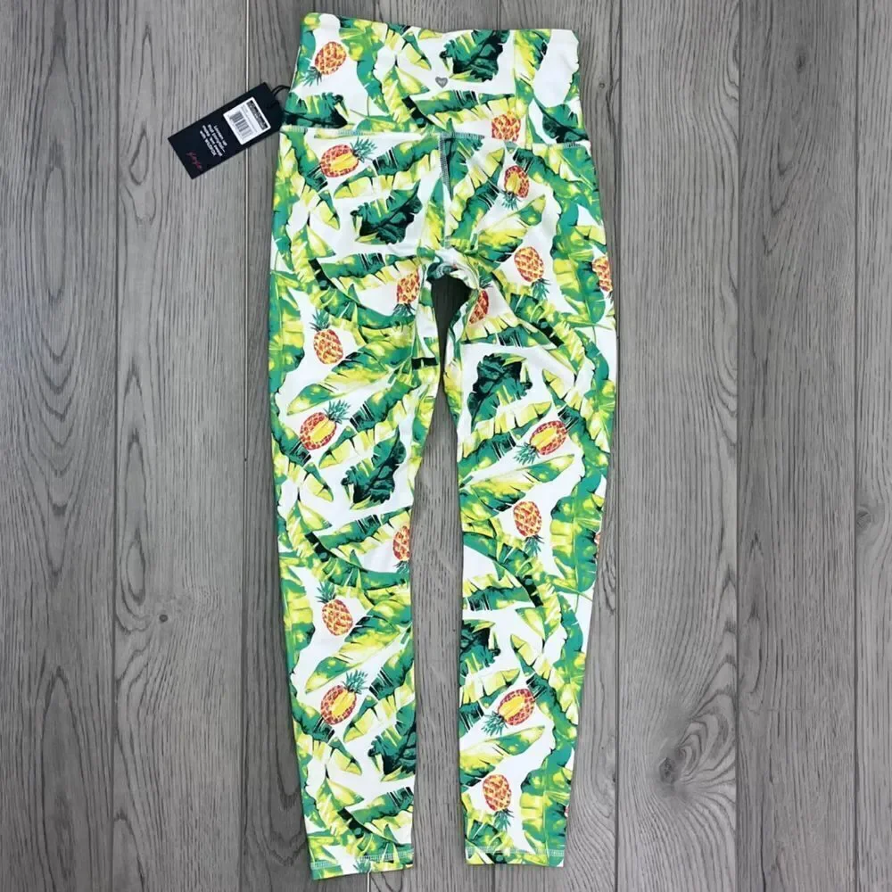 Wildfox Women Size S Green Yellow High Rise Novelty Palm Pinapple NEW Leggings